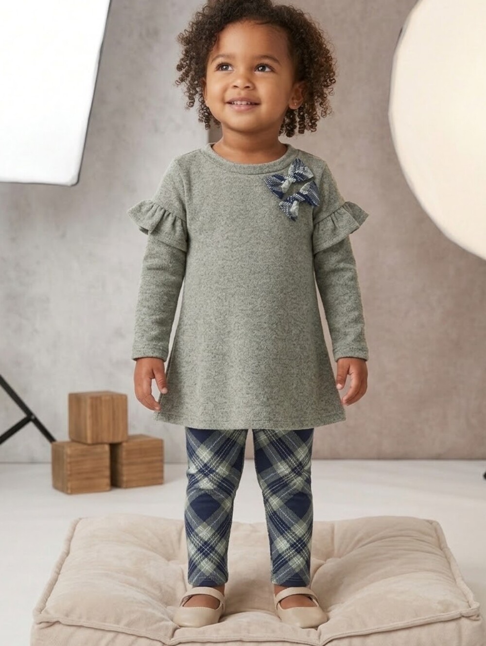 Bonnie Jean Ruffle Top w/Bow & Navy/Olive Green Plaid Leggings Set,S-2T&3T, NWT